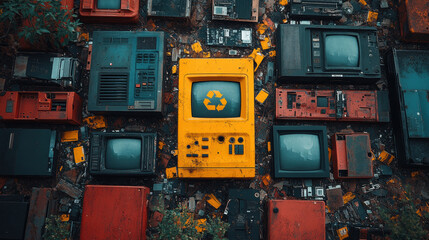 vibrant yellow electronic device with recycle symbol stands out among discarded electronics