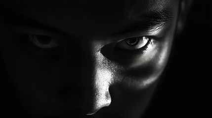 Fototapeta premium A close-up of a face partially obscured by shadow, their glowing eyes piercing through the darkness