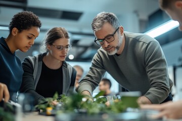 Professor guiding students in a botany class.