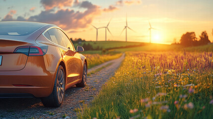 sleek orange car on countryside road at sunset, with wind turbines in background