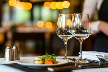 Elegant Dining Setup with Two Wine Glasses and Gourmet Dish in a Charming Restaurant Atmosphere