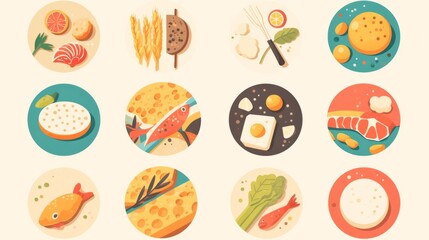 A set of 14 food allergen icons, each represented as round colored vector symbols with editable strokes, including allergens  