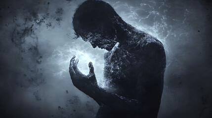 Fototapeta premium A figure holding a glowing thread in their trembling hands, shadowy shapes forming faint patterns on their skin