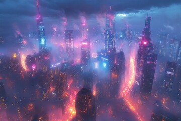 Futuristic Cityscape with Neon Lights and Growing Forex Chart Hologram in Cyberpunk Style