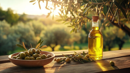 Olive oil and olives resting on wooden table at sunset in olive grove