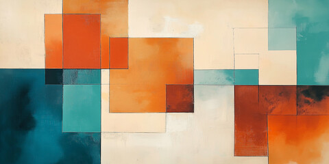 Abstract painting featuring interlocking teal and orange rectangles on beige canvas