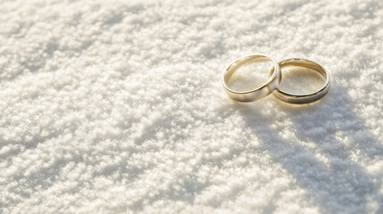 wedding rings on snow in winter sunlight