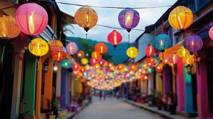 Colorful Lanterns Adorning a Vibrant Street Scene with Charming Shopfronts and Inviting Atmosphere in Evening Light