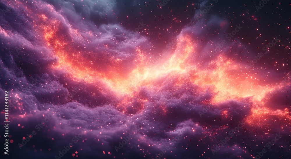 Poster purple magic circle glowing in darkness with cosmic nebula effect and swirling particles