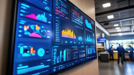 A digital display board inside a workshop showcasing key performance indicators and production statistics in vivid colors with employees engaging in discussions.