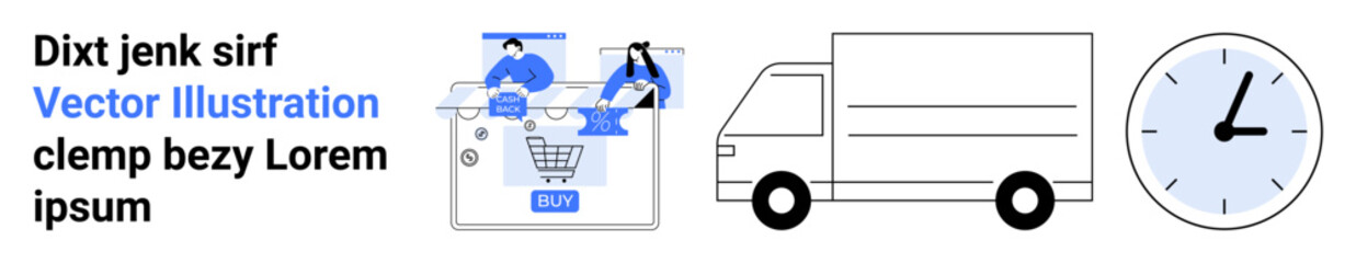 E-commerce app interface showing users engaging with a shopping cart, a delivery truck, and a clock indicating express shipping. Ideal for online shopping, logistics, delivery services, time
