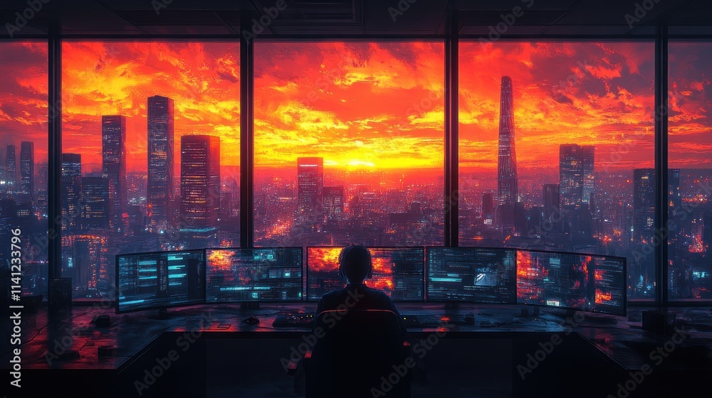 Aufkleber Digital Art Illustration of a Programmer in a Dark Office with Computer Screens and Dusk Skyline