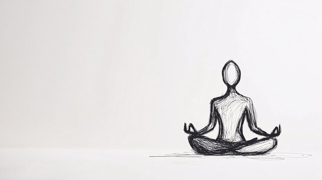 simple hand drawn black and white sketch of a person in a yoga pose meditating  on a white background