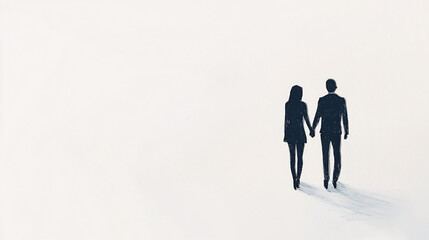 silhouette of a man and woman holding hands walking away on a white background
