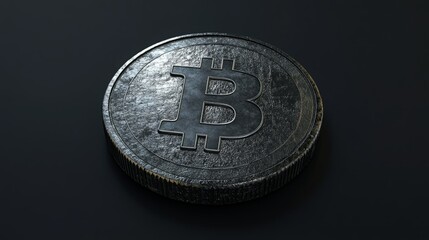 A weathered Bitcoin coin rests on a dark background, showcasing its intricate details and metallic texture.