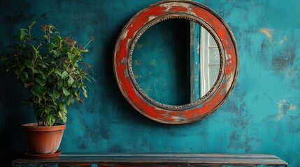 Rustic round mirror on teal wall with plant.