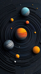 Abstract Solar System with Colorful Planets and Circular Orbits on Dark Background