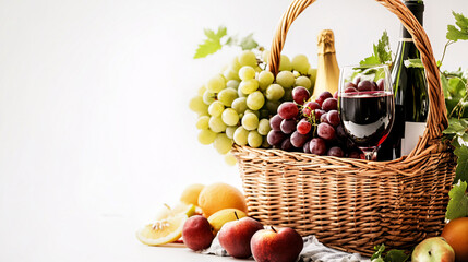 a rustic wicker basket filled with grapes wine and fruit on a white background