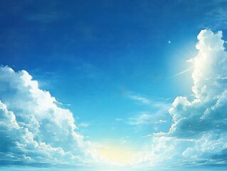 Sunny Blue Sky Watercolor Landscape with Serene Clouds and Gentle Light