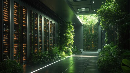 Futuristic Data Center with Greenery Emphasizing Sustainable Technology and Ecological Innovation