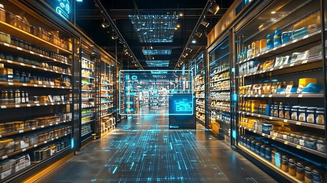 Futuristic bookstore with digital displays and illuminated shelves of books in a modern setting