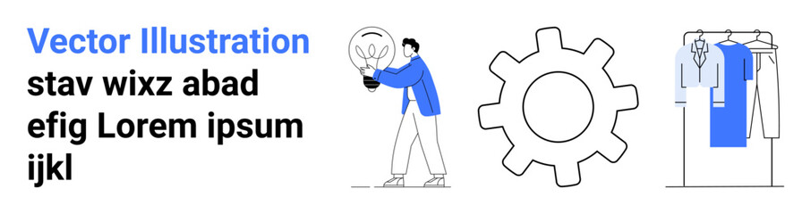 Person holding large bulb signifying ideas and creativity, gear icon symbolizing process, clothing rack representing organization. Ideal for innovation, workflow, fashion, design, productivity