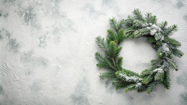 Festive evergreen wreath adorned with a dusting of snow, resting on a snowy surface, perfect for winter holiday greetings.