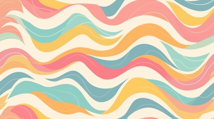 Abstract horizontal background with colorful waves in trendy retro 60s and 70s style, featuring pastel colors