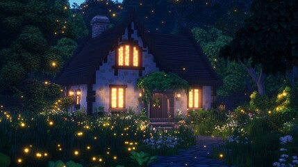 Enchanting cottage at night, surrounded by fireflies and lush greenery.