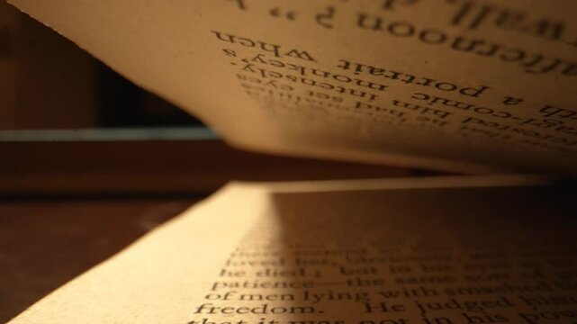 A macro panning shot of inside a red book between pages, close-up on words, textures and motion before the book closes