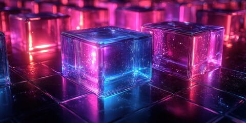 Futuristic Abstract Composition of Reflective Cubes with Blue and Purple Lighting on Black Background