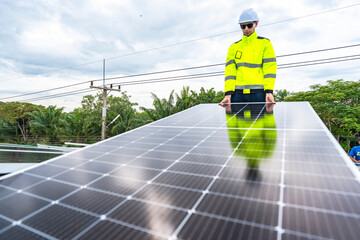 A skilled technician adjusts a solar panel on rooftop, emphasizing the transition to sustainable energy. Equipped with safety gear, the worker demonstrates precision in renewable energy installations.