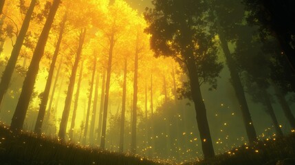 Obraz premium Golden hour light illuminates a mystical forest with glowing fireflies.