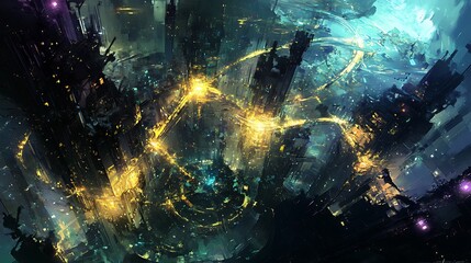 Fototapeta premium Futuristic city at night with glowing energy streams and dark towers.