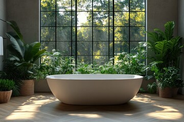 Serene Modern Bathroom with Freestanding Bathtub Surrounded by Green Plants and Natural Light