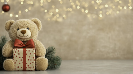 Fototapeta premium plush teddy bear with red bow sits beside gift box, surrounded by festive decorations and soft lights, creating warm holiday atmosphere