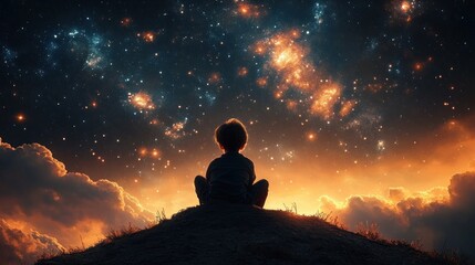Young Boy Stargazer Exploring the Night Sky and Galaxies with Curiosity and Imagination