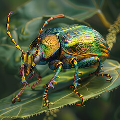 Fototapeta premium Close-Up of an Iridescent Beetle on a Leaf with Detailed Exoskeleton and Natural Habitat