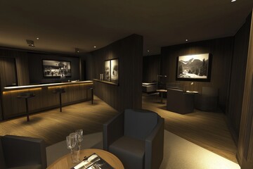 Modern interior design of a stylish lounge area featuring warm tones, elegant furniture, and artistic black-and-white wall art in a contemporary setting