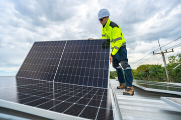 A skilled technician adjusts a solar panel on rooftop, emphasizing the transition to sustainable energy. Equipped with safety gear, the worker demonstrates precision in renewable energy installations.