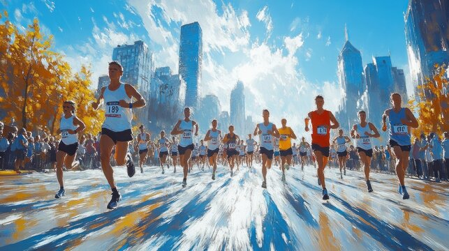 Marathon Runner Taking Selfie in a Vibrant Cityscape during Race in a Crowded Competition - Powered by Adobe