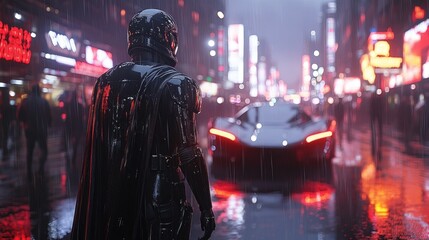 Fototapeta premium A futuristic figure stands in a rainy urban setting, gazing at a sleek vehicle.