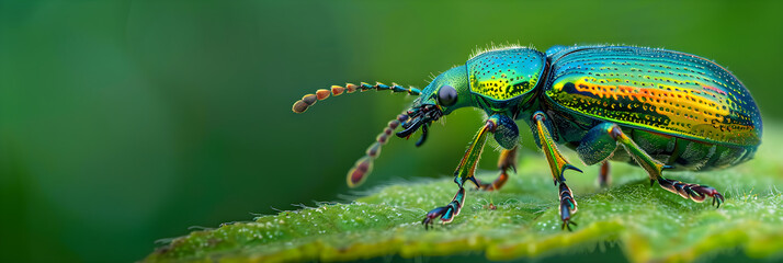 Fototapeta premium Close-Up of an Iridescent Beetle on a Leaf with Detailed Exoskeleton and Natural Habitat