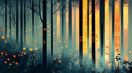 Naklejka premium Enchanting twilight forest scene with glowing fireflies and mystical tree carvings.
