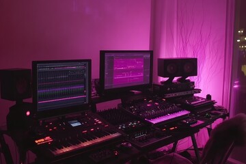 Modern Music Production Studio with Neon Pink Lighting Featuring Synthesizers, Audio Equipment, and Dual Monitors Showcasing Sound Waves in a Creative Space