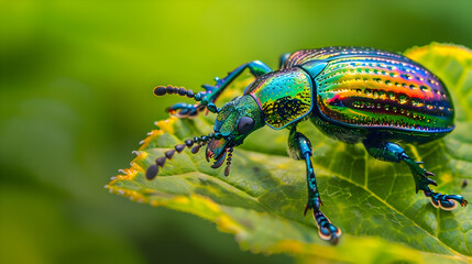 Fototapeta premium Close-Up of an Iridescent Beetle on a Leaf with Detailed Exoskeleton and Natural Habitat