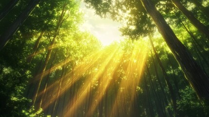 Obraz premium Sunbeams filtering through lush green forest canopy.
