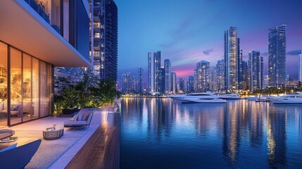 Luxury waterfront apartment balcony at sunset, overlooking city skyline and yachts.