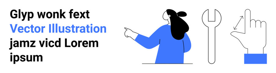 Woman in blue pointing next to wrench and hand gesture icons. Various design elements in black, white, and blue. Ideal for technical support, tutorials, UX design, customer service, guidance
