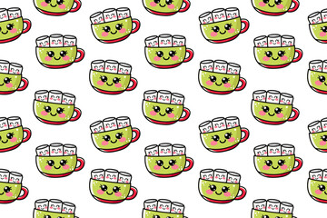Seamless pattern with illustration of vector outline cute kawaii coffee cup, mug with marshmallow on white isolated background. Use for textile, fabric, gift wrapping paper